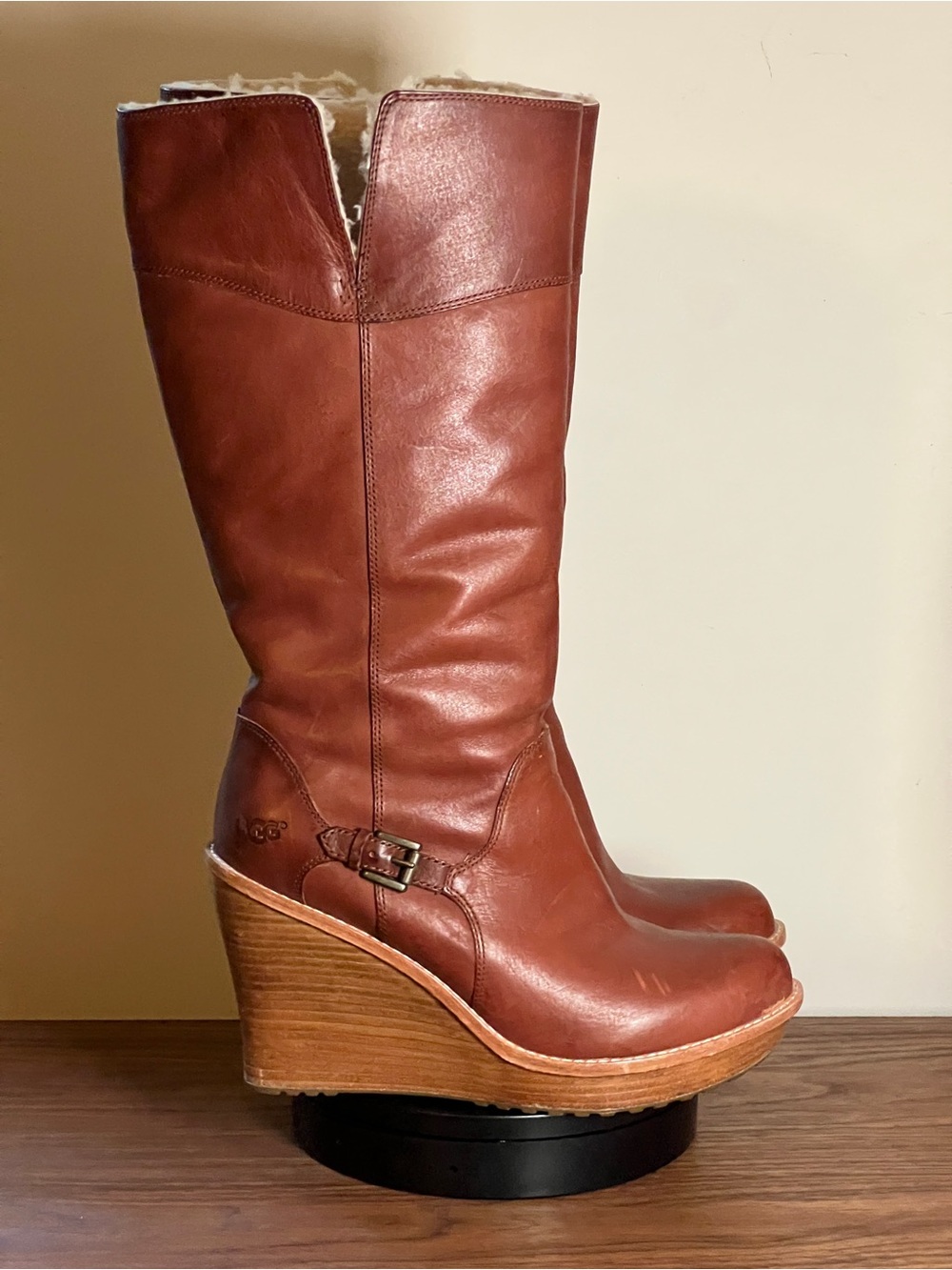 Ugg Sidonie Tall Leather Wedge Boots, Shearling Lined - US 12